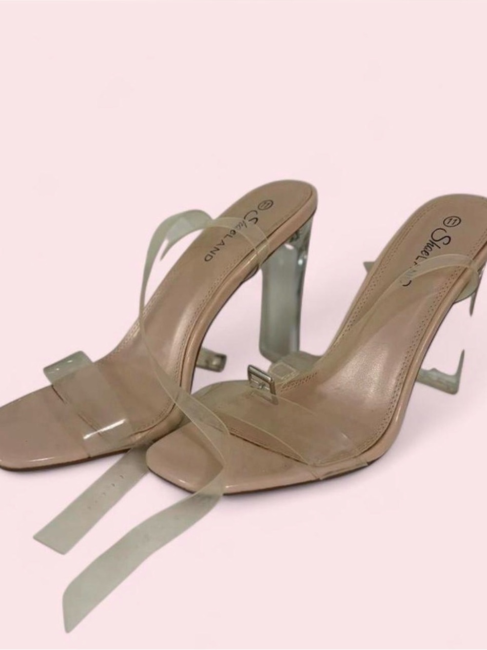 nude clear strap wrap heels